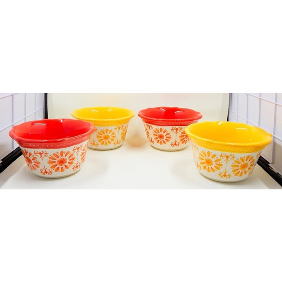 Pioneer Woman Floral Bursts Daisy Ramekins Yellow Orange Set of 4 - Picture 4 of 10